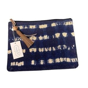 NWT Mud Pie Indigo Tie Dye Jute Case Stripe Zipper Pouch w/ Brown Leather Tassel